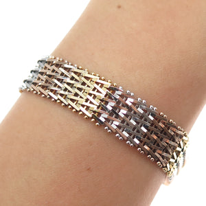 925 Sterling Silver 3-Tone Vintage Italy Chevron Mesh Link Bracelet 7.5"