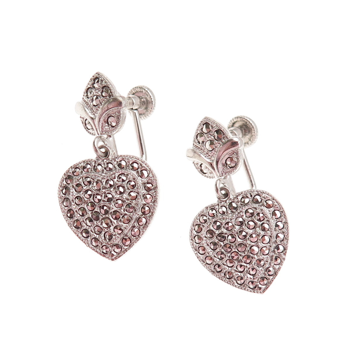 Theda 925 Sterling Silver Antique Art Deco Real Marcasite Heart Dangle Earrings