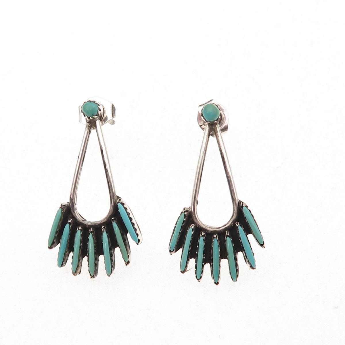 Old Pawn Sterling Silver Vintage Turquoise Needlepoint Tribal Dangle Earrings