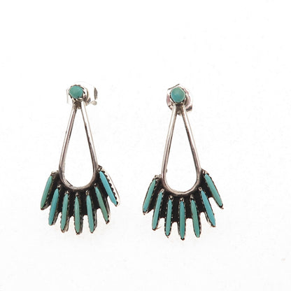Old Pawn Sterling Silver Vintage Turquoise Needlepoint Tribal Dangle Earrings