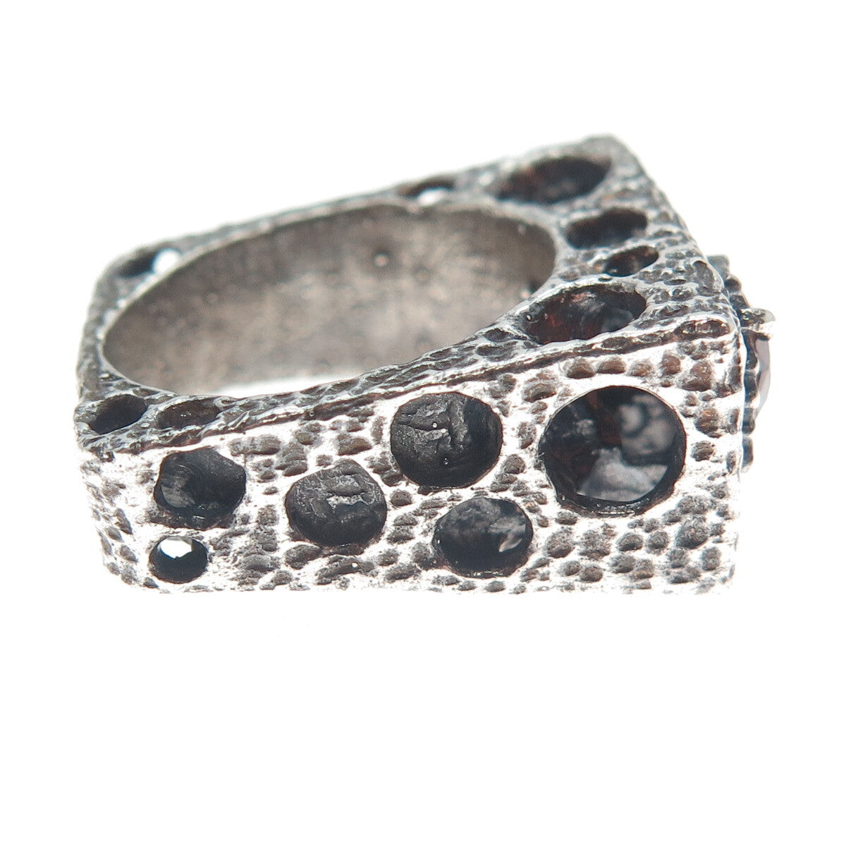 925 Sterling Silver 2-Tone Vintage Real Garnet Modernist Oxidized Ring Size 5