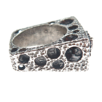 925 Sterling Silver 2-Tone Vintage Real Garnet Modernist Oxidized Ring Size 5
