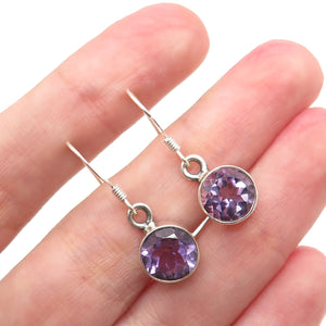 925 Sterling Silver Vintage Real Round-Cut Amethyst Dangle Earrings