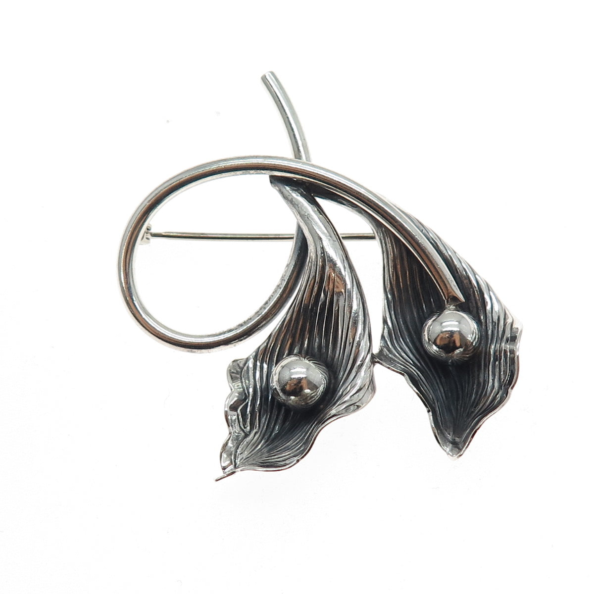 BEAU 925 Sterling Silver Vintage Modernist Calla Lily Oxidized Pin Brooch