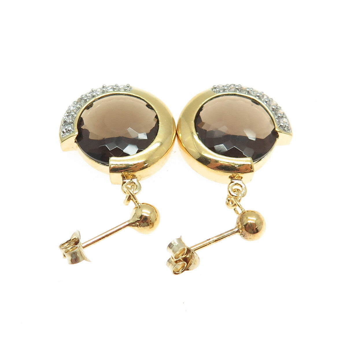 925 Sterling Silver Gold Plated Real Smoky Quartz & C Z Crescent Dangle Earrings