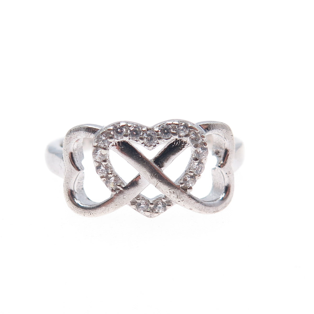 925 Sterling Silver Round-Cut C Z Interlocked Heart Infinity Ring Size 7