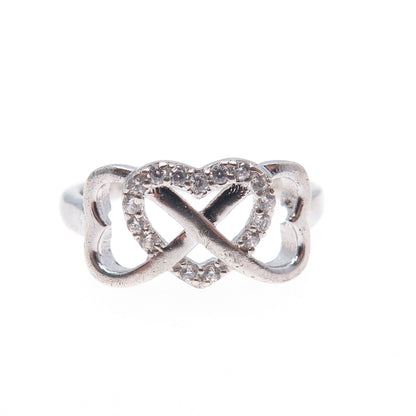 925 Sterling Silver Round-Cut C Z Interlocked Heart Infinity Ring Size 7