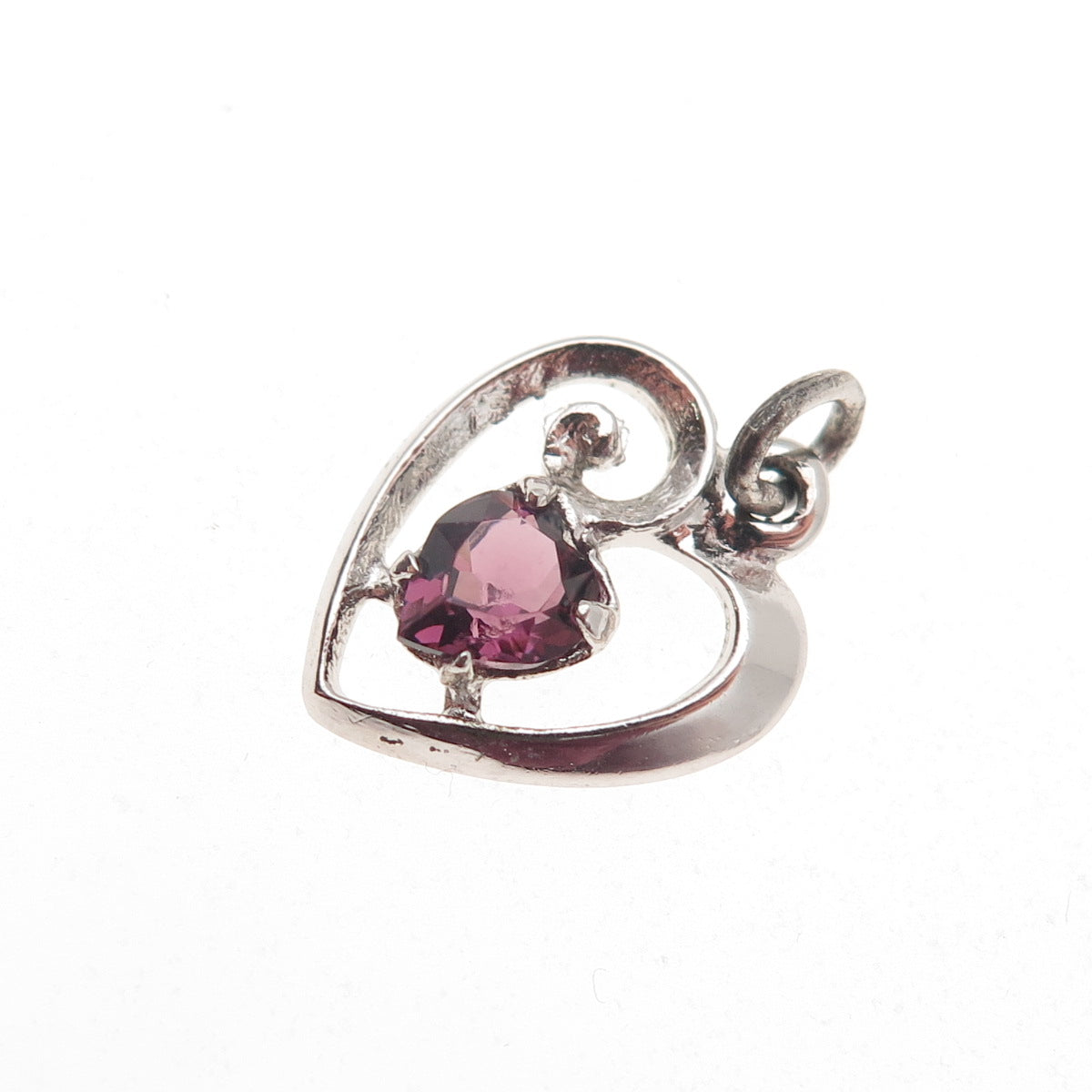 925 Sterling Silver Vintage Purple Rhinestone Heart Mini Charm Pendant