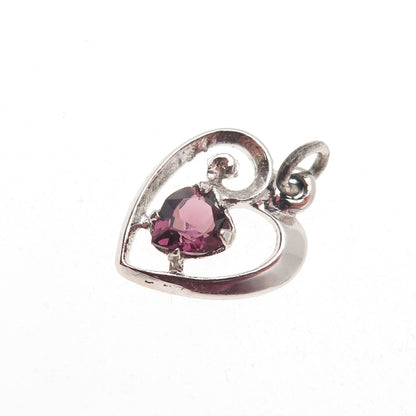 925 Sterling Silver Vintage Purple Rhinestone Heart Mini Charm Pendant