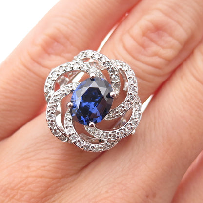 Collins 925 Sterling Silver Blue & White C Z Floral Ring Size 6