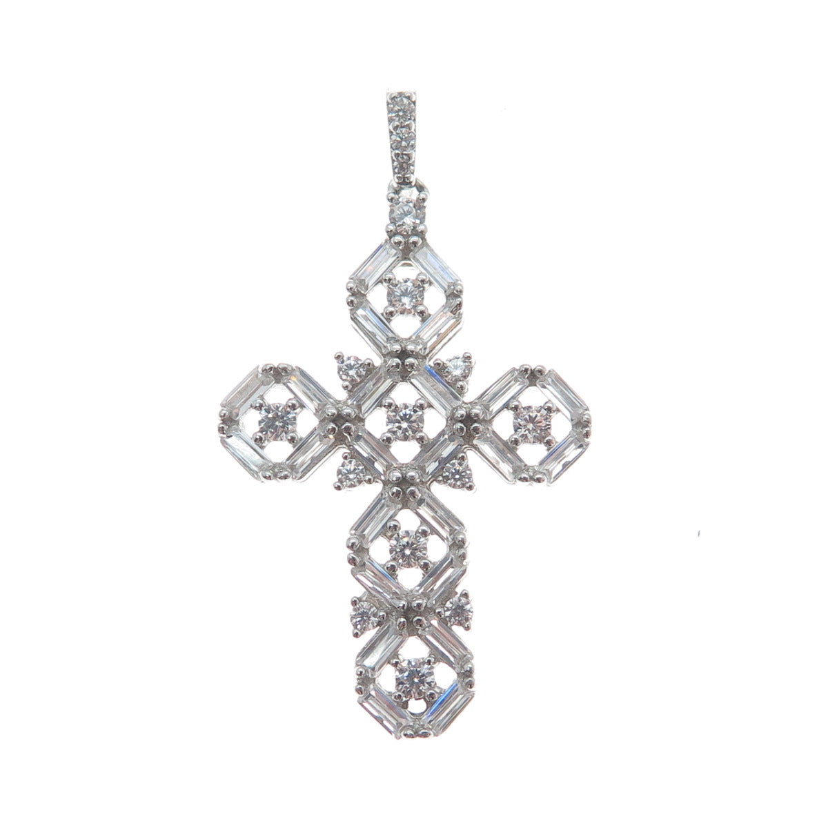 DSMK 925 Sterling Silver Baguette & Round-Cut C Z Cross Pendant