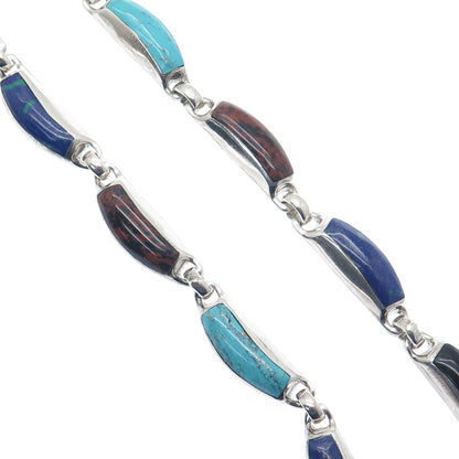 950 Silver Vintage Azurite Turquoise Jasper Onyx Lapis & Malachite Necklace 20"