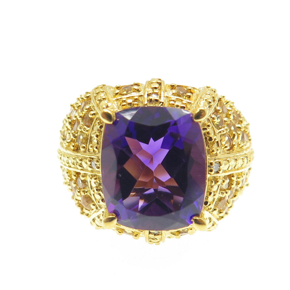 925 Sterling Silver Gold Plated Real Diamond Amethyst & Citrine Gem Ring Size 6