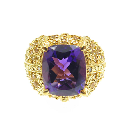 925 Sterling Silver Gold Plated Real Diamond Amethyst & Citrine Gem Ring Size 6