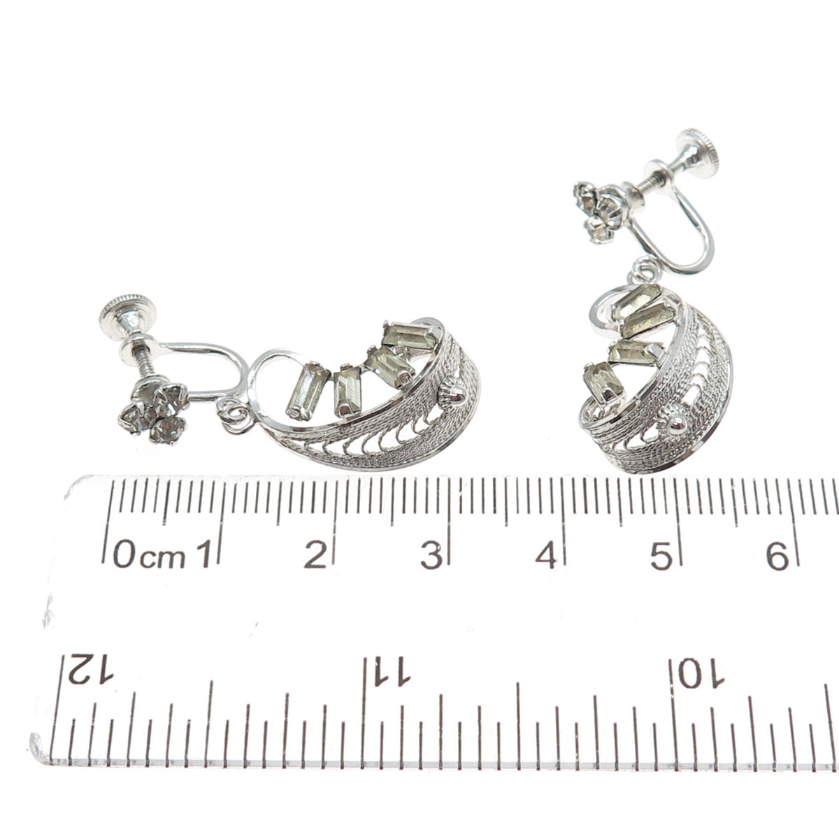 LORAN SIM CO. Sterling Antique Art Deco Rhinestone Filigree Screw Back Earrings