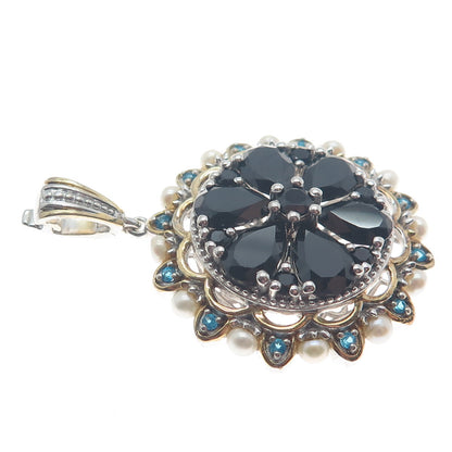 CHUCK CLEMENCY 925 Sterling 2-Tone Pearl Black Spinel Opalite Gem Floral Pendant