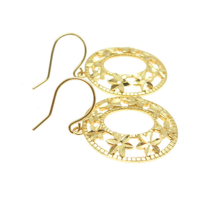 925 Sterling Silver Gold Plated Diamond-Cut Flower Dangle Earrings