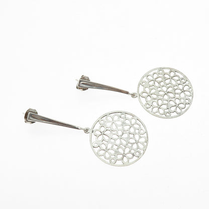 925 Sterling Silver Vintage Flower Disc Dangle Earrings