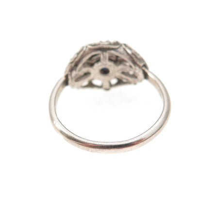 925 Sterling Silver Antique Art Deco Blue Rhinestone Oxidized Ring Size 5.5
