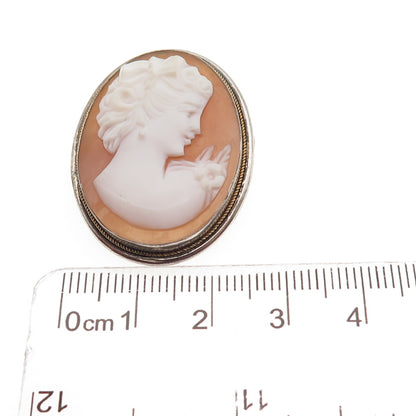 800 Silver 2-Tone Antique Art Deco Real MOP Lady Cameo Pin Brooch / Pendant
