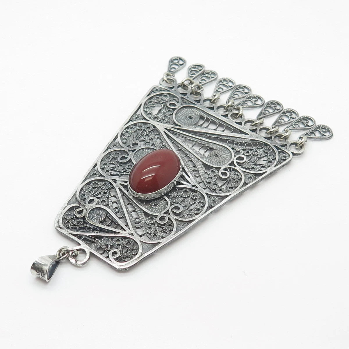 925 Sterling Silver Vintage Israel Real Carnelian Gemstone Filigree Pendant