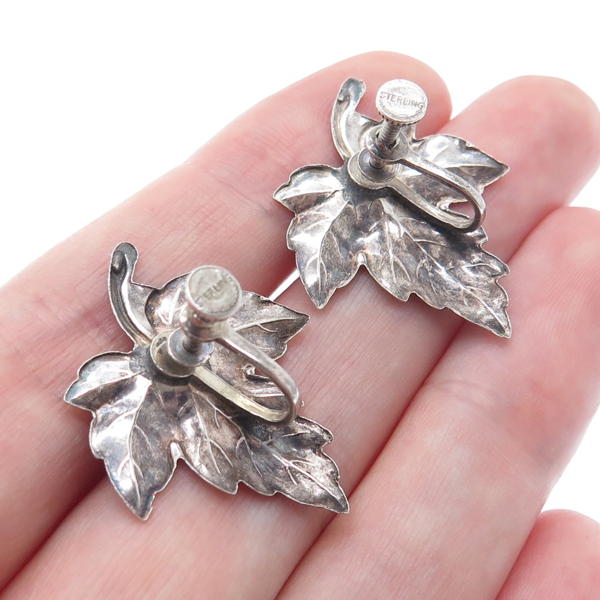 925 Sterling Silver Antique Art Deco Maple Leaf Oxidized Screw Back Earrings