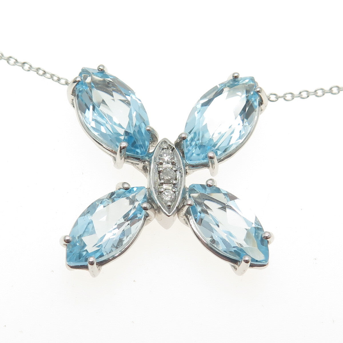 925 Sterling Silver Real White Diamond & Blue Topaz Gem Butterfly Necklace 18"