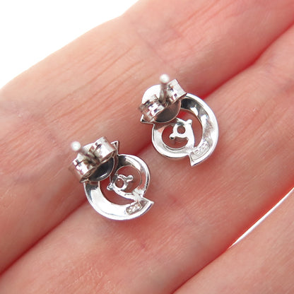 925 Sterling Silver Round-Cut C Z Modernist Crescent Moon Stud Earrings