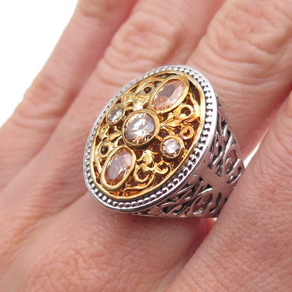 925 Sterling Silver 2-Tone Champagne C Z Floral Scroll Ring Size 9.5