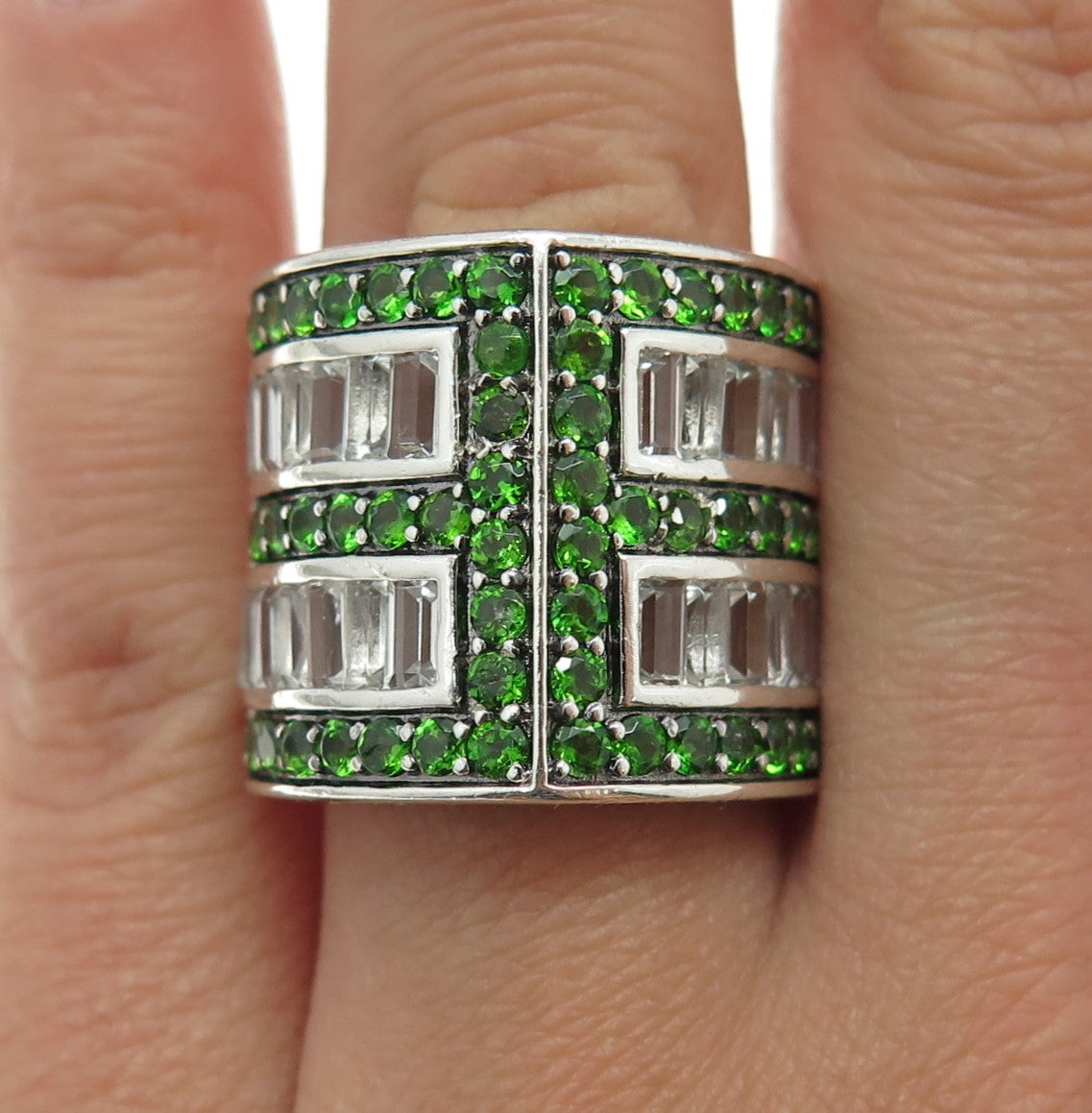 925 Sterling Silver Real Emerald-Cut White Topaz & Round-Cut Peridot Ring Size 7