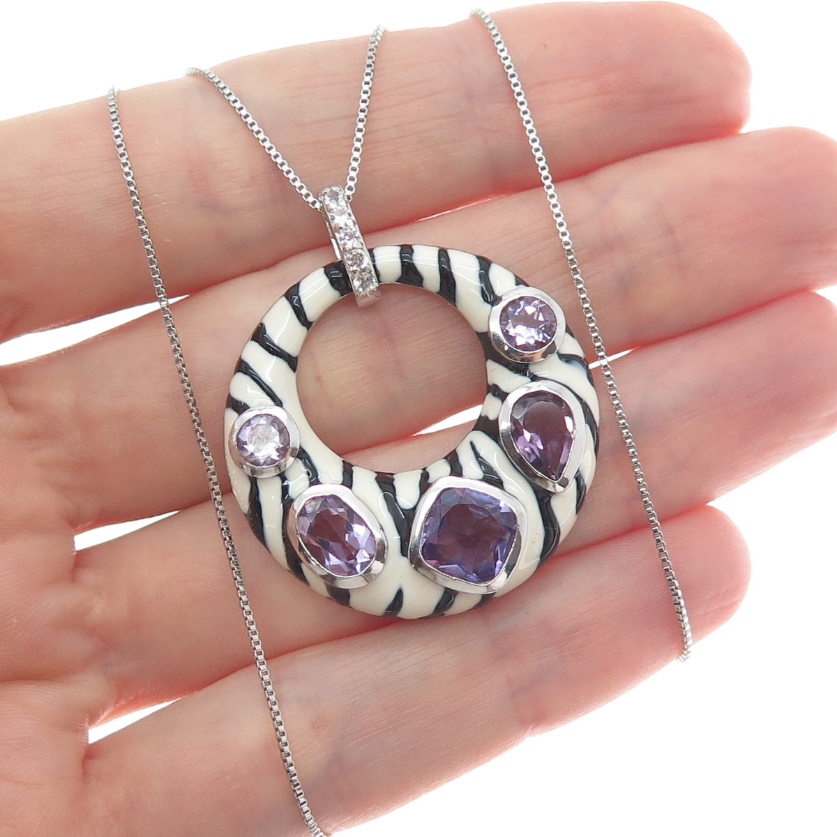 925 Sterling Silver Enamel Amethyst & Topaz Zebra Pattern Box Chain Necklace 18"