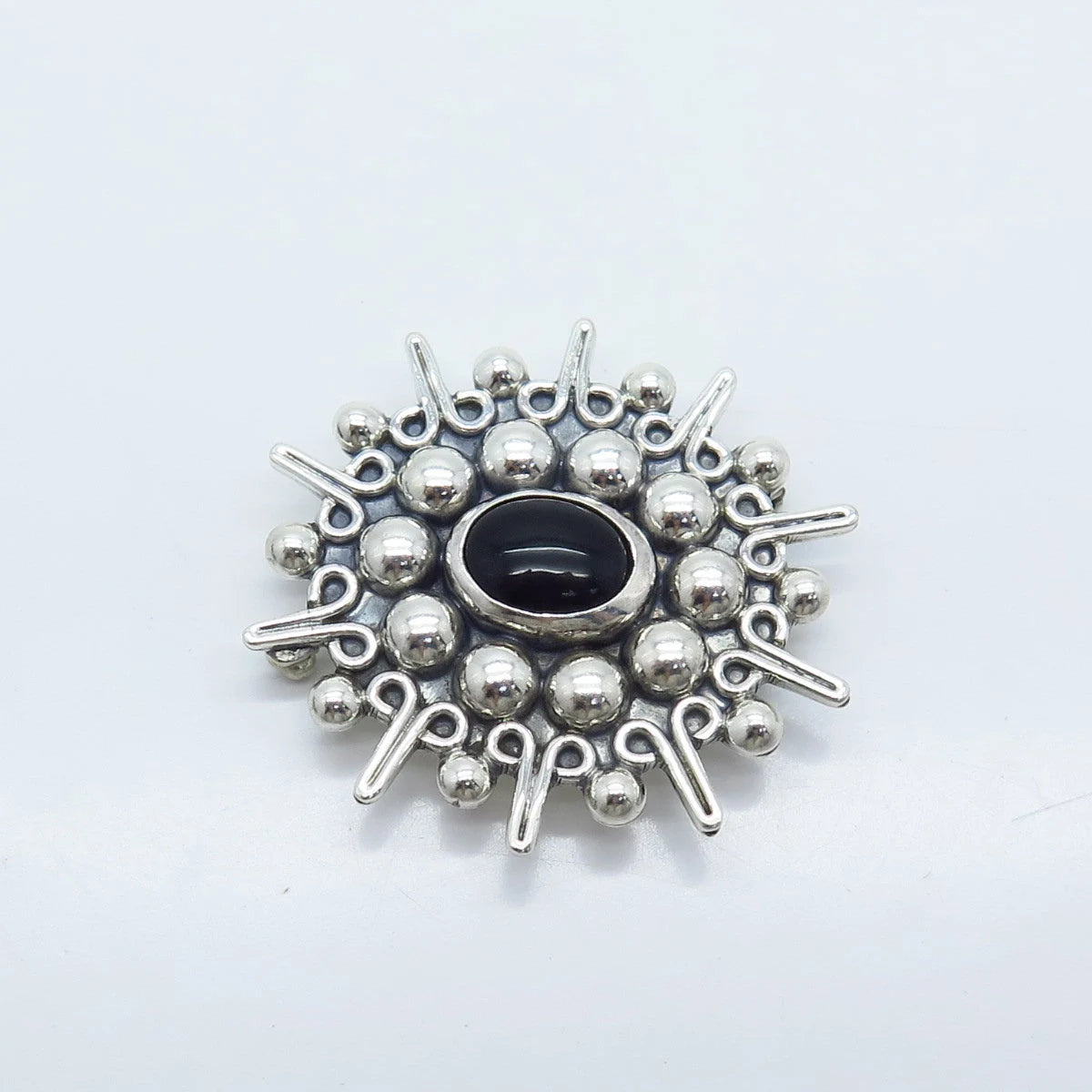925 Sterling Silver Vintage Mexico Carsi Black Onyx Gem Beaded Brooch / Pendant
