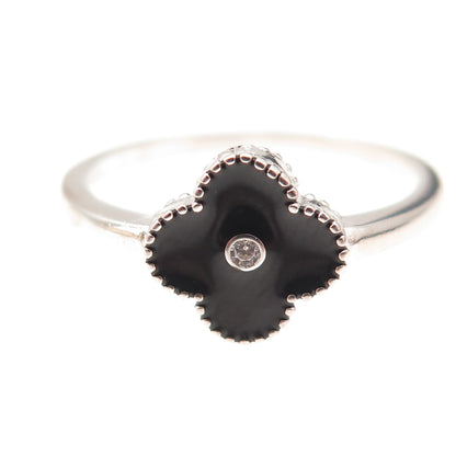 925 Sterling Silver Black Enamel & C Z Floral Ring Size 10