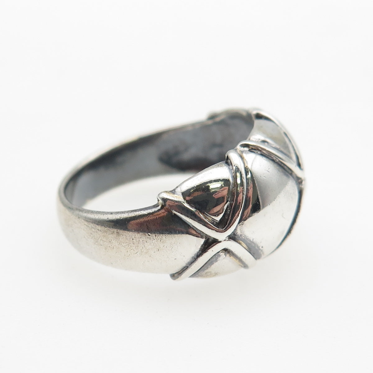 925 Sterling Silver Vintage Modernist X-Shape Dome Oxidized Ring Size 7.75