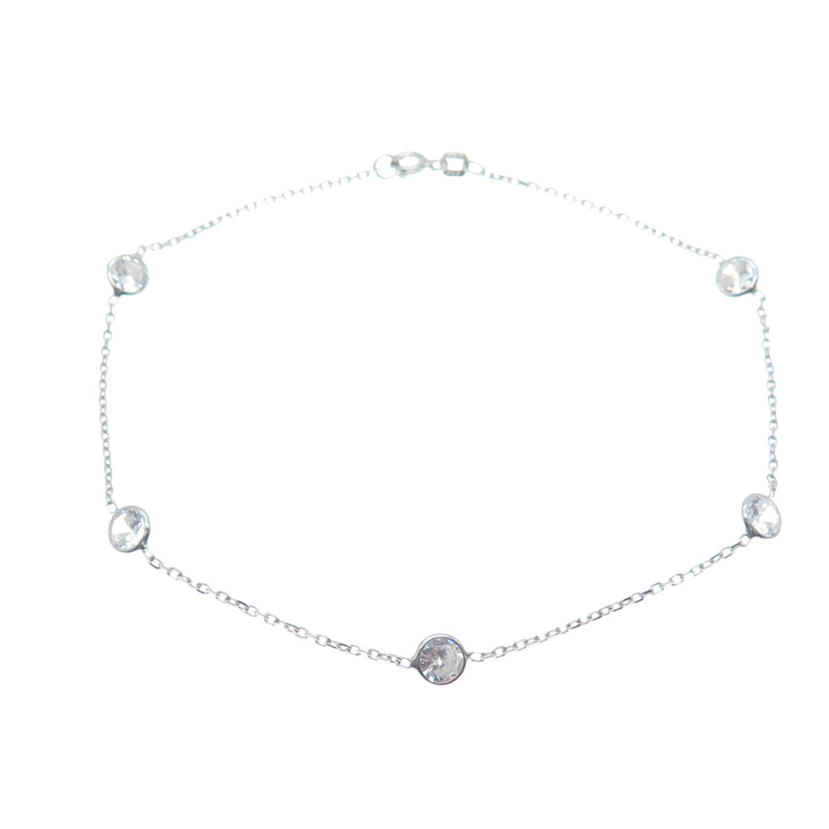 925 Sterling Silver Round-Cut Shaped C Z Station Cable Link Anklet/Bracelet 10"