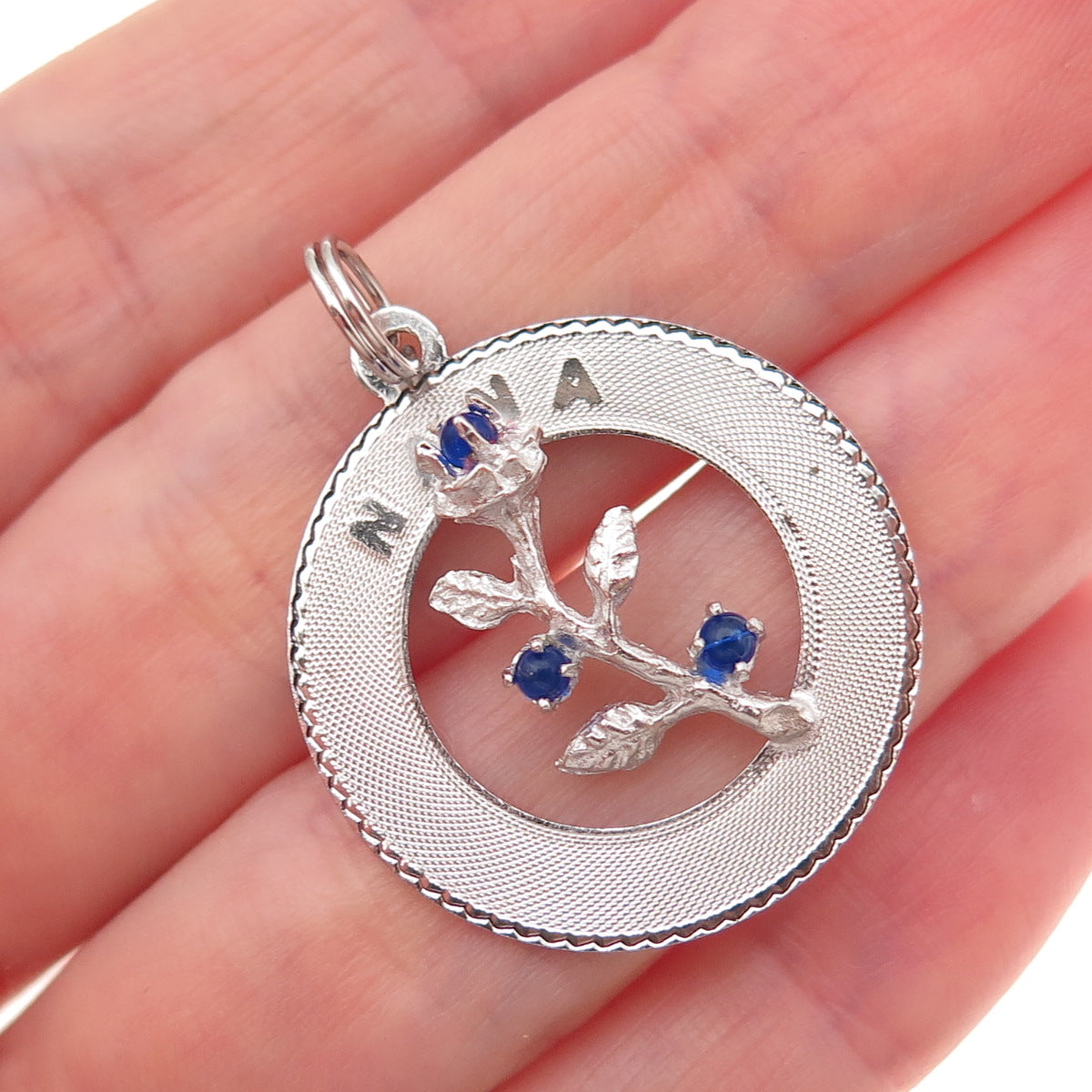 Mark Mercy 925 Sterling Silver Vintage Blue Rhinestone Nana Flower Charm Pendant