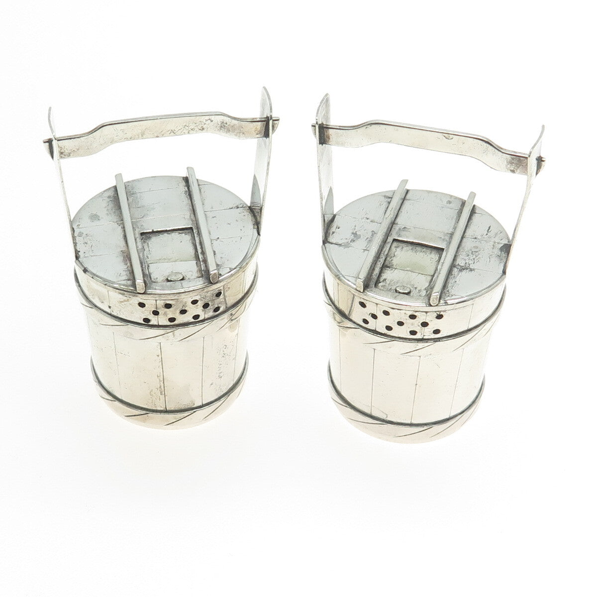 950 Silver Antique Japan Water Bucket SET of 2 Salt & Pepper Shakers