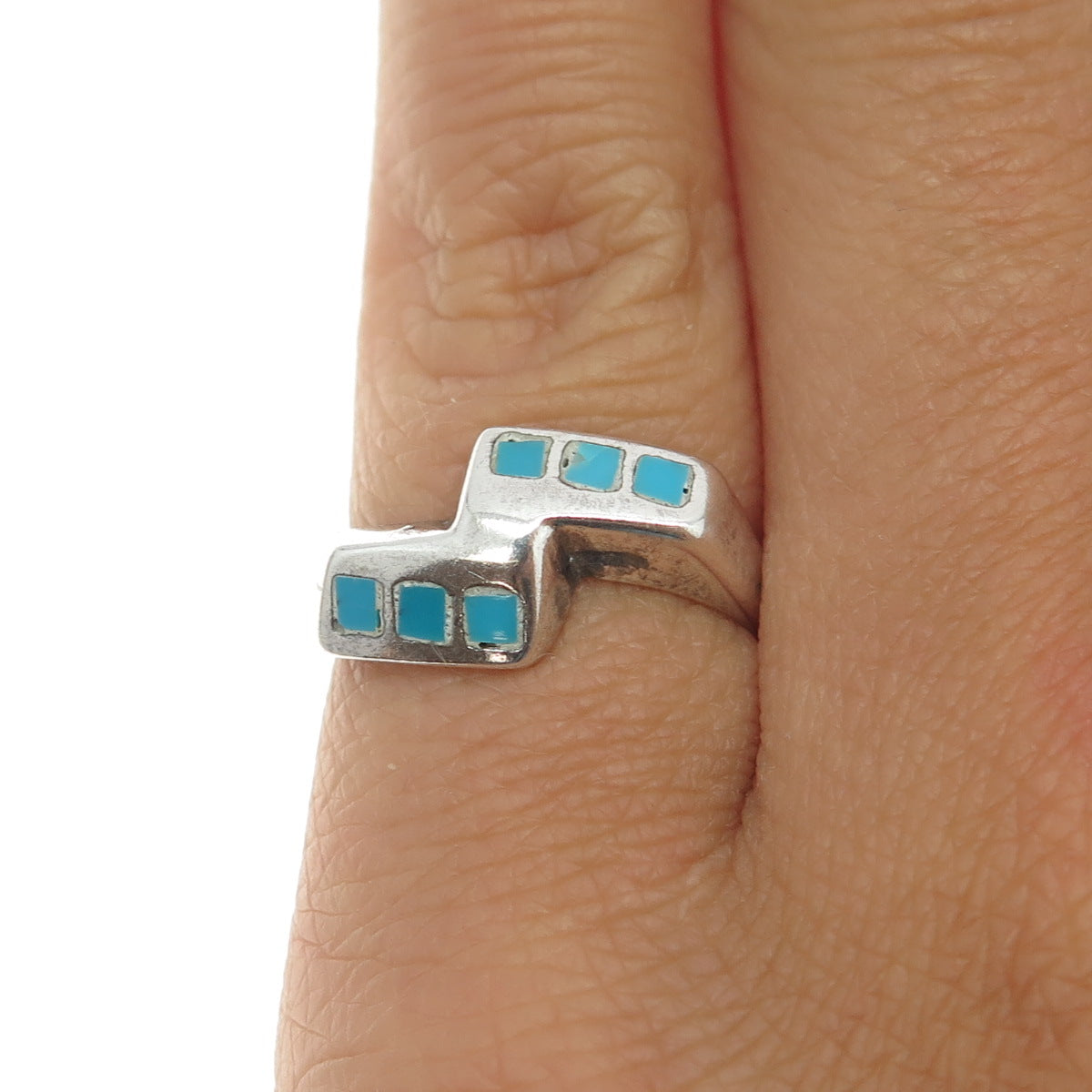 925 Sterling Silver Vintage Real Turquoise Gem Inlay Ring Size 4.5