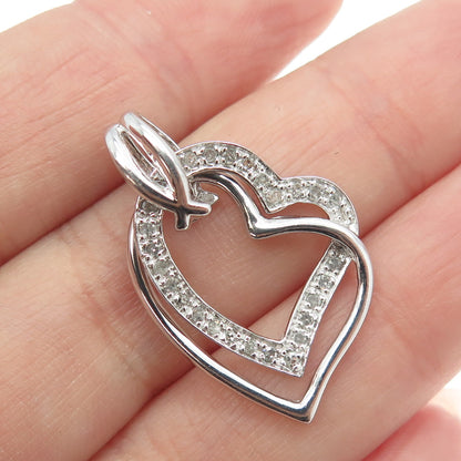 925 Sterling Silver Real Round-Cut Diamond Double Heart Pendant