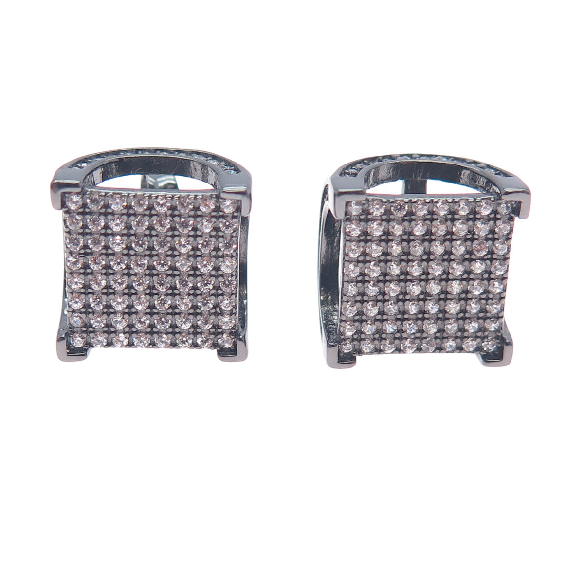 925 Sterling Silver Black Rhodium Round-Cut C Z Arch Square Stud Earrings