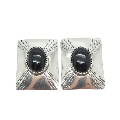 Old Pawn Sterling Silver Vintage Southwestern Real Black Onyx Clip On Earrings