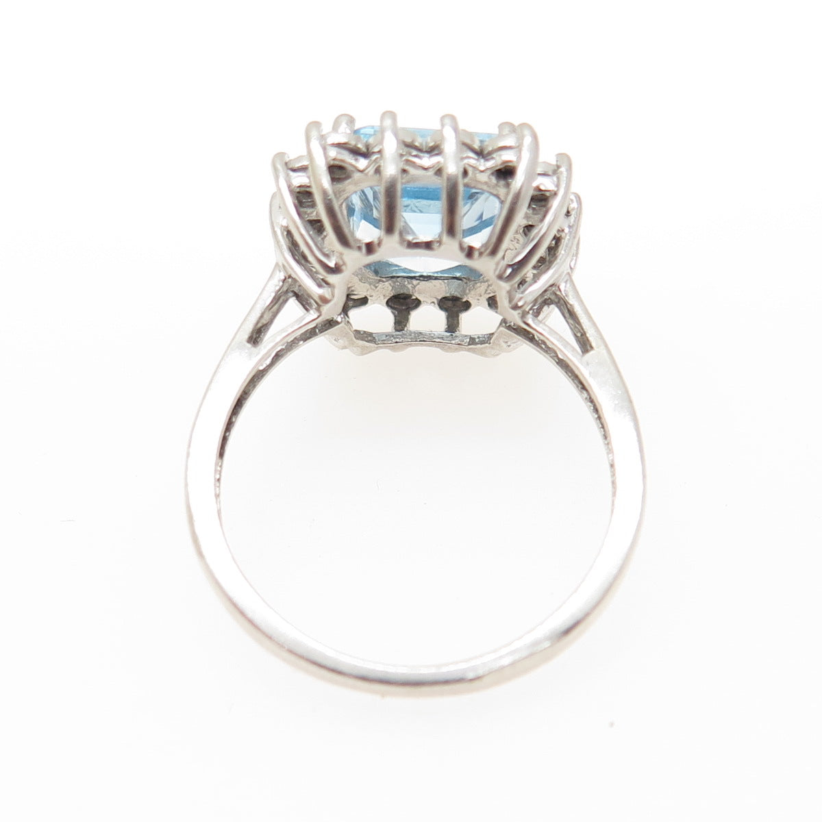 925 Sterling Silver Real Diamond Accent & Emerald-Cut Blue Topaz Ring Size 7.25