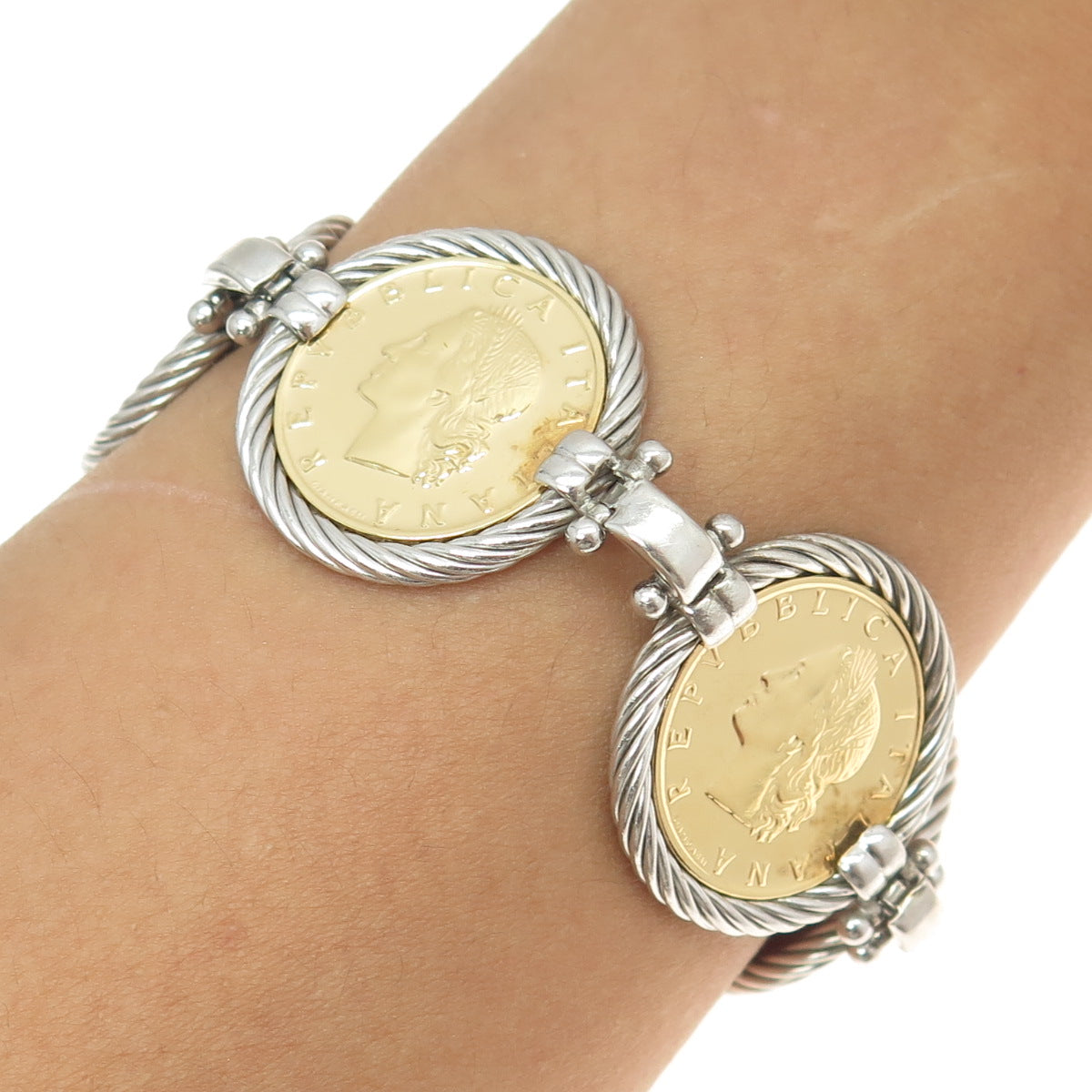 925 Sterling Silver 2-Tone Vintage 1981 Italy 20 Lire Bronzital Coin Bracelet 7"