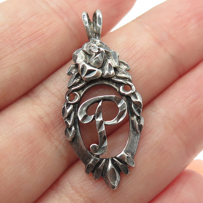 925 Sterling Silver Vintage Letter "P" Initial Floral Frame Oxidized Pendant