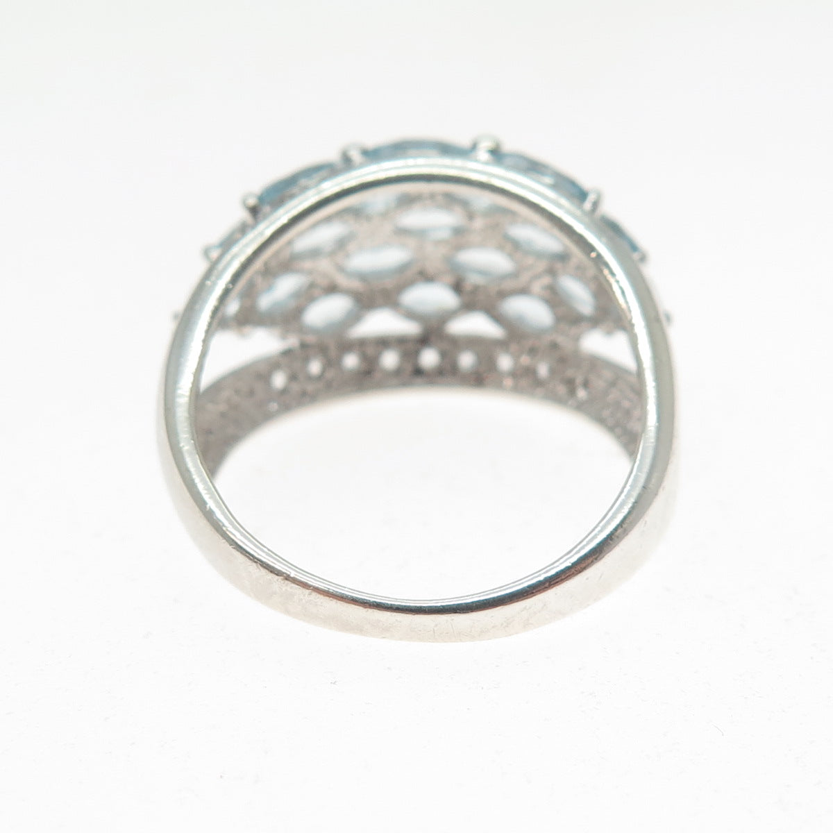 HAN 925 Sterling Silver Real Marquise & Round-Cut Blue White Topaz Ring Size 8.5