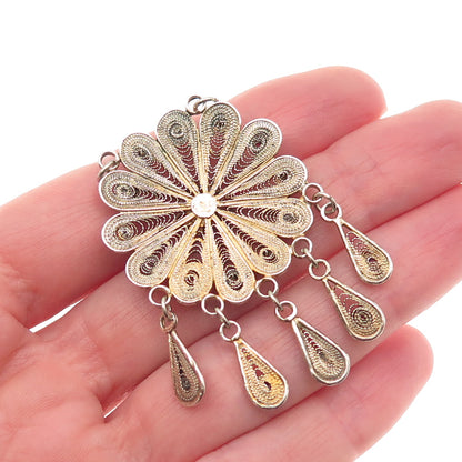 925 Sterling Gold Plated Vintage Real Garnet Filigree Floral Centerpiece Pendant