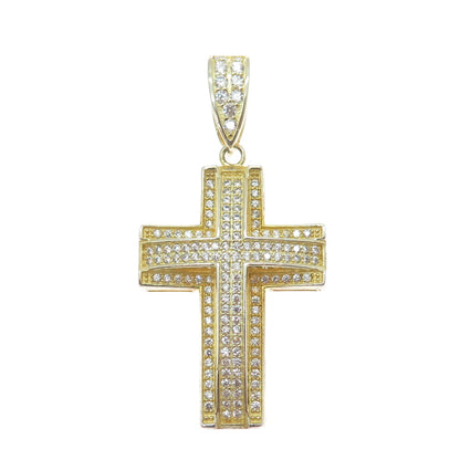 925 Sterling Silver Gold Plated Round-Cut C Z Sparkle Cross Pendant
