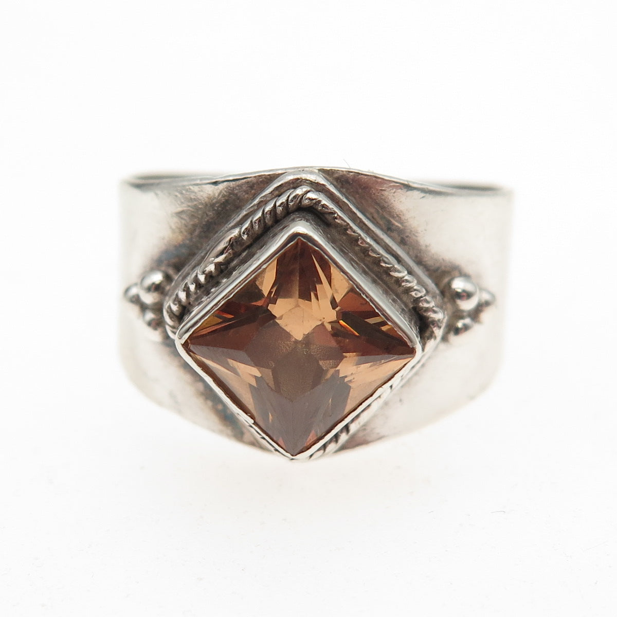 925 Sterling Silver Vintage Princess-Cut Smoky C Z Oxidized Ring Size 8.25
