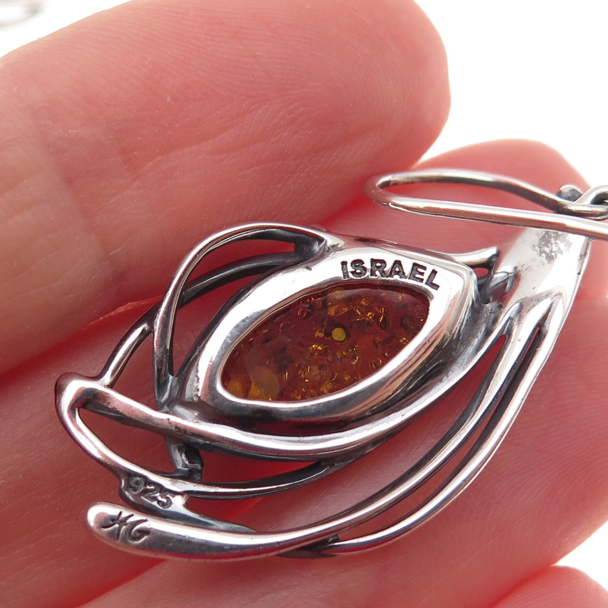 Hagit Gorali Sterling Silver Vintage Israel Real Amber Modernist Dangle Earrings