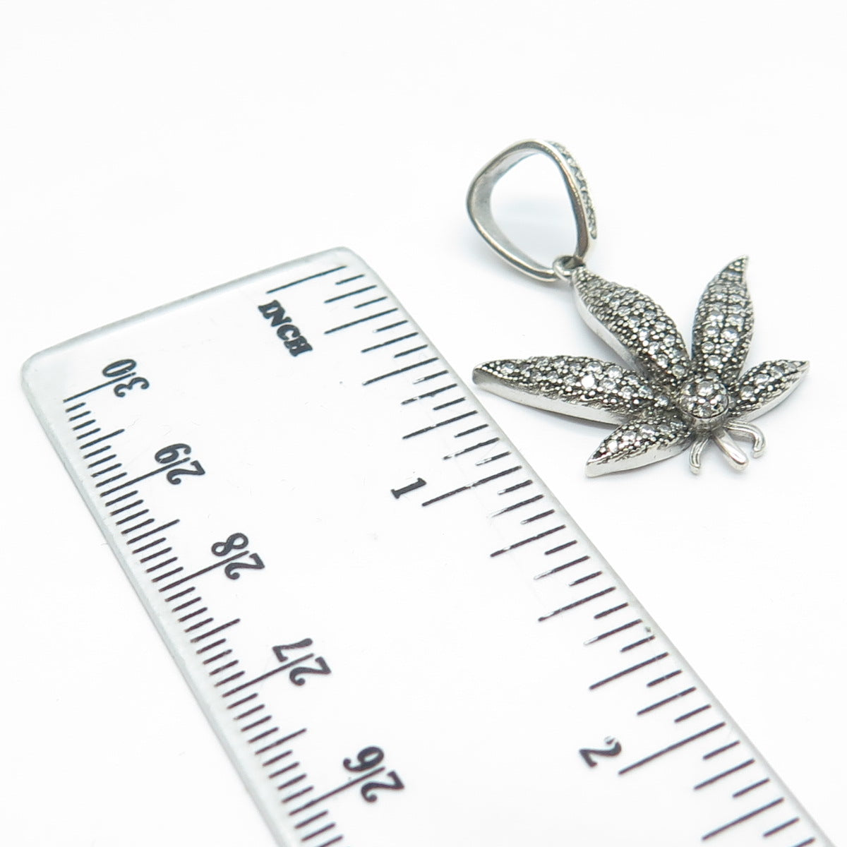 925 Sterling Silver Round-Cut White C Z Cannabis Leaf Pendant